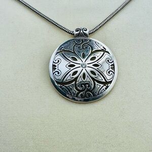 Retired Brighton Florencia Crystal Silver Filigree Disc Pendant Necklace
